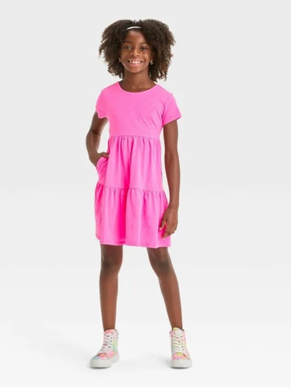 NWT Girls' Cat & Jack Short Sleeve Tiered Dress - Neon Pink